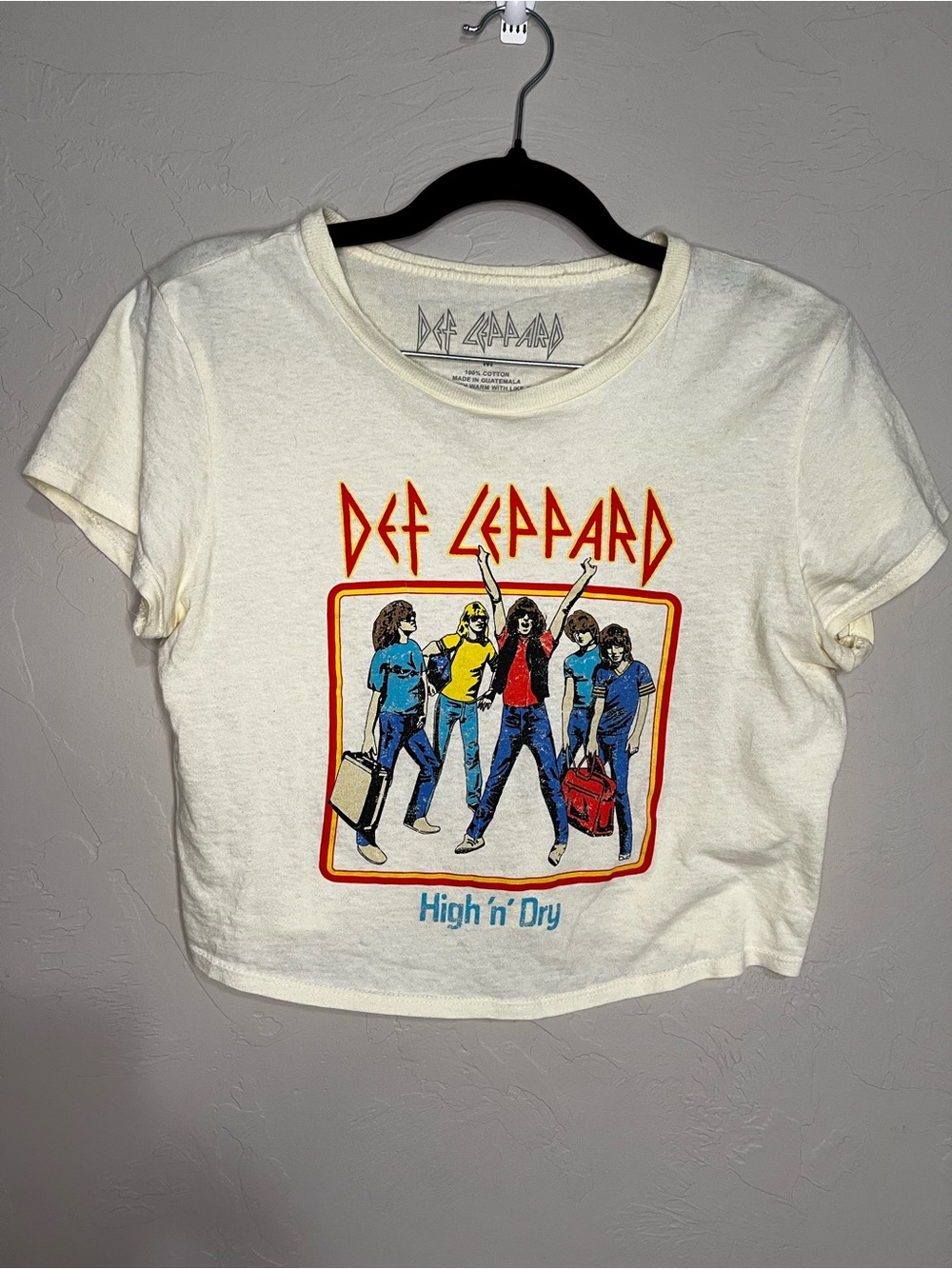 Def Leppard High 'N' Dry Yellow Cropped Baby Tee Graphic Band T-Shirt - Picture 2 of 6